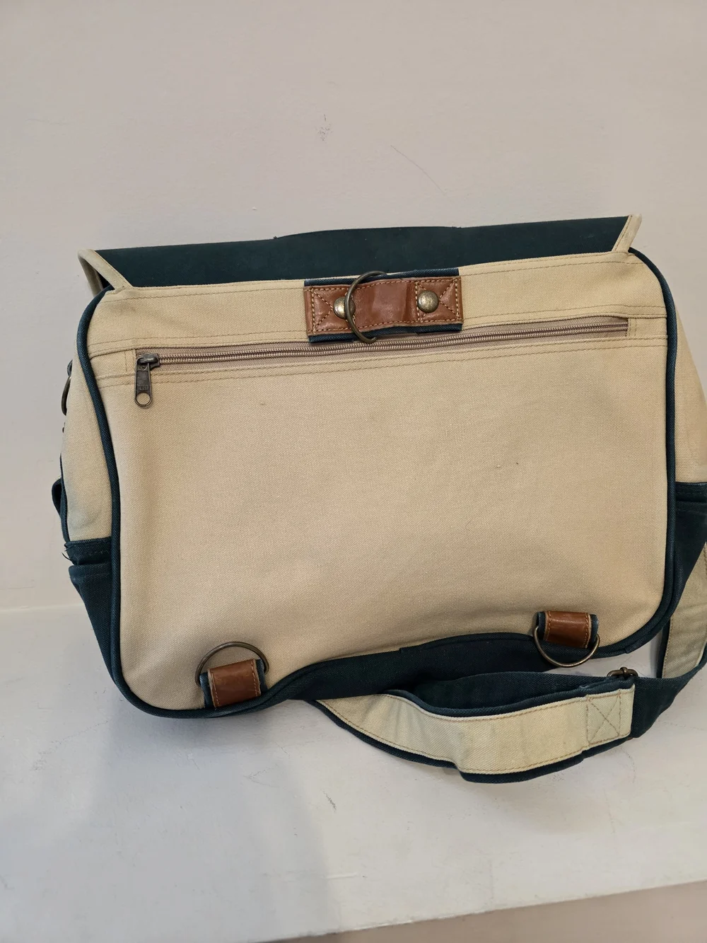 Dark Green Canvas Messenger Bag with Cream Trim